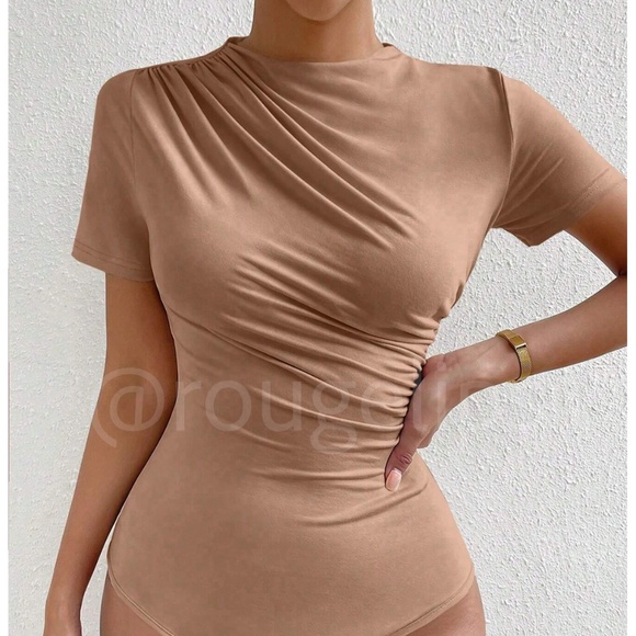 Ruched Tan Asymmetrical Short Sleeve Bodysuit  Stretchy - Picture 1 of 10